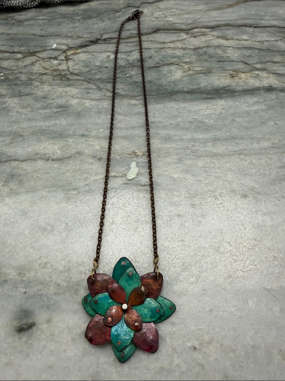 Handcrafted Green and Copper Flower Pendant Necklace